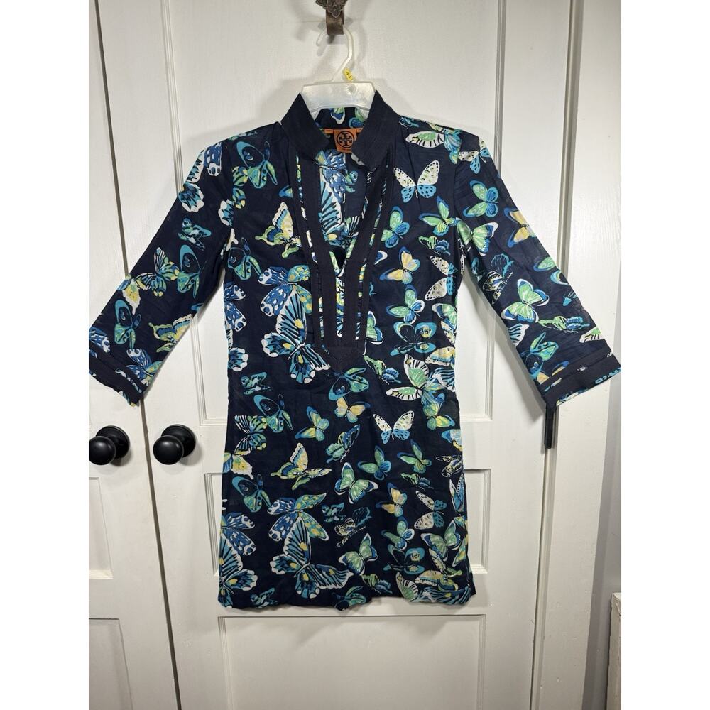 Tory‎ Burch Navy butterfly print Boho Swim Cover up Sheer mini dress tunic Sz 4
